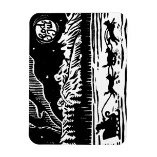 Santa with Dog Sleigh in the Arctic Lino Print Magnet