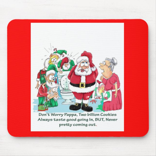 Santa with elves after eating too many cookies mouse mat (Front)