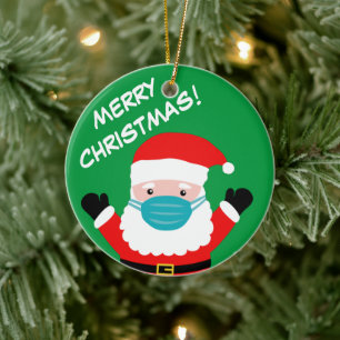 Santa with face mask cartoon custom Christmas Ceramic Tree Decoration