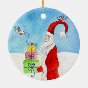 Santa with gifts & birds ornament