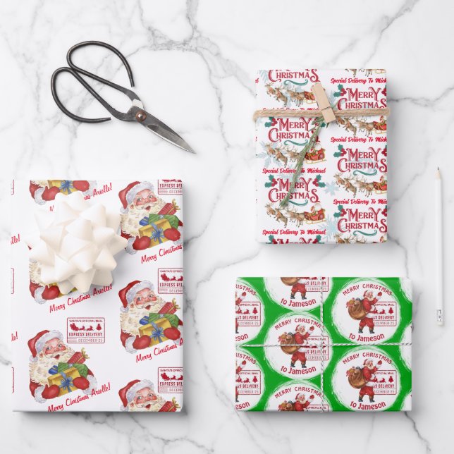 Santa with gifts special delivery custom name wrapping paper sheet (Front)