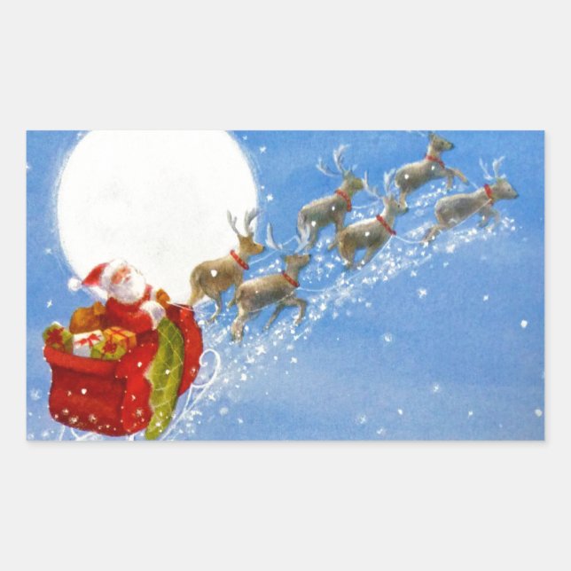 Santa with his flying Reindeer Rectangular Sticker (Front)