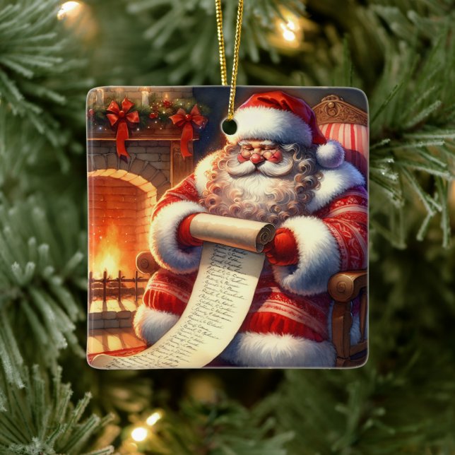 Santa with his List Personalised Ceramic Ornament (Tree)