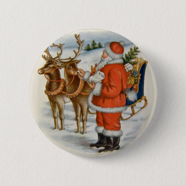 Santa With His Reindeer 6 Cm Round Badge (Front)