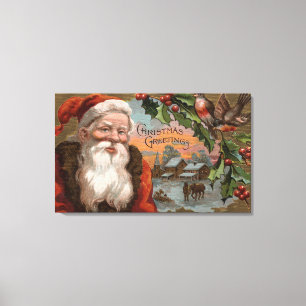 Santa with Holly, Village Scene Canvas Print