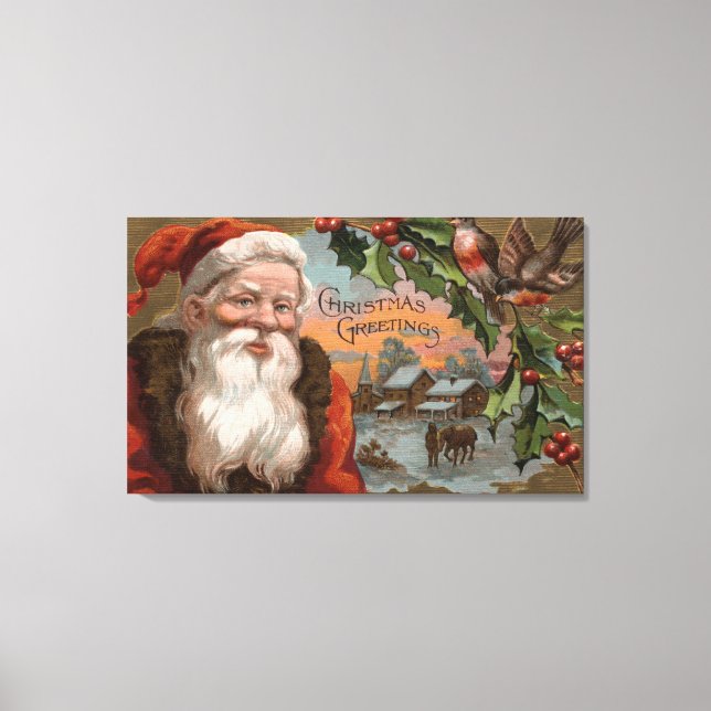 Santa with Holly, Village Scene Canvas Print (Front)