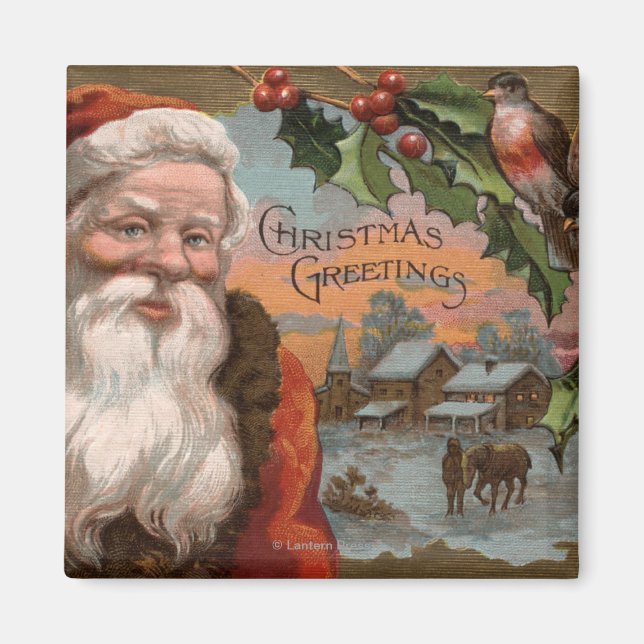 Santa with Holly, Village Scene Magnet (Front)