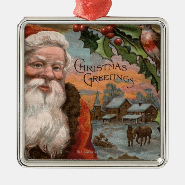 Santa with Holly, Village Scene Metal Tree Decoration (Front)
