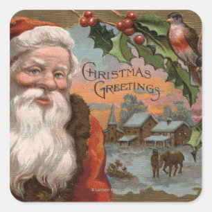 Santa with Holly, Village Scene Square Sticker