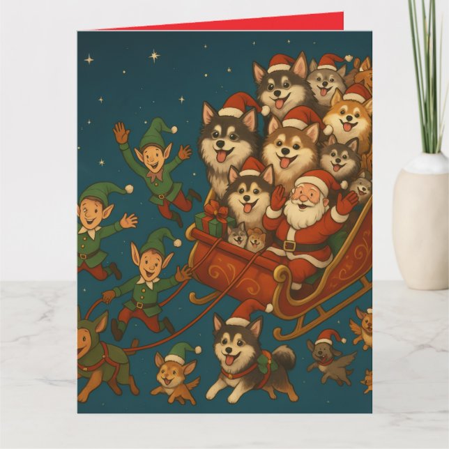 Santa with joyous pups and elves! card (Front)