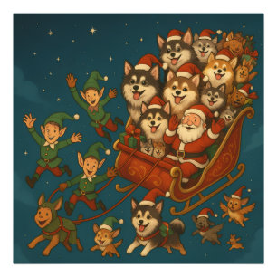 Santa with joyous pups and elves! photo print