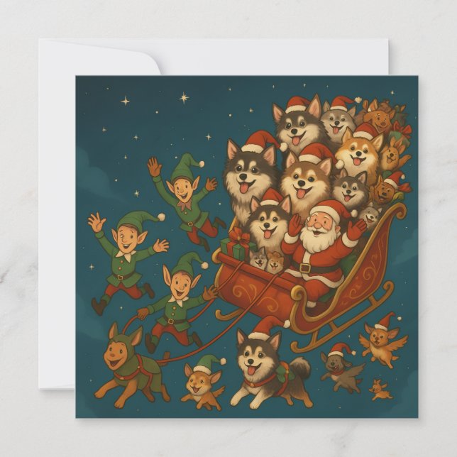 Santa with joyous pups and elves! save the date (Front)