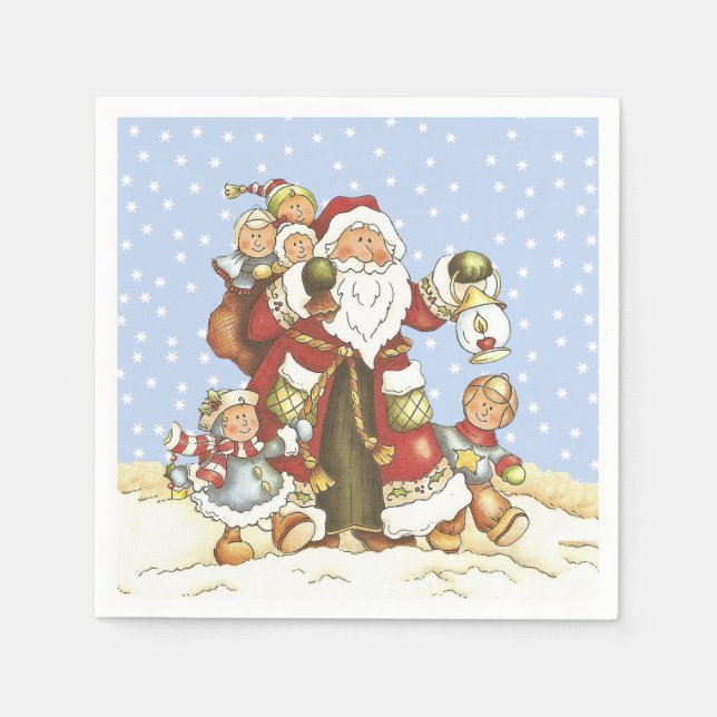 Santa With Lantern Children in Falling snow Napkin (Front)