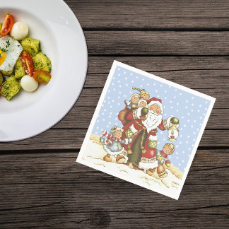 Santa With Lantern Children in Falling snow Napkin