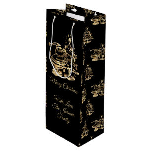 Santa with Merry Christmas Tree Pattern Black Gold Wine Gift Bag