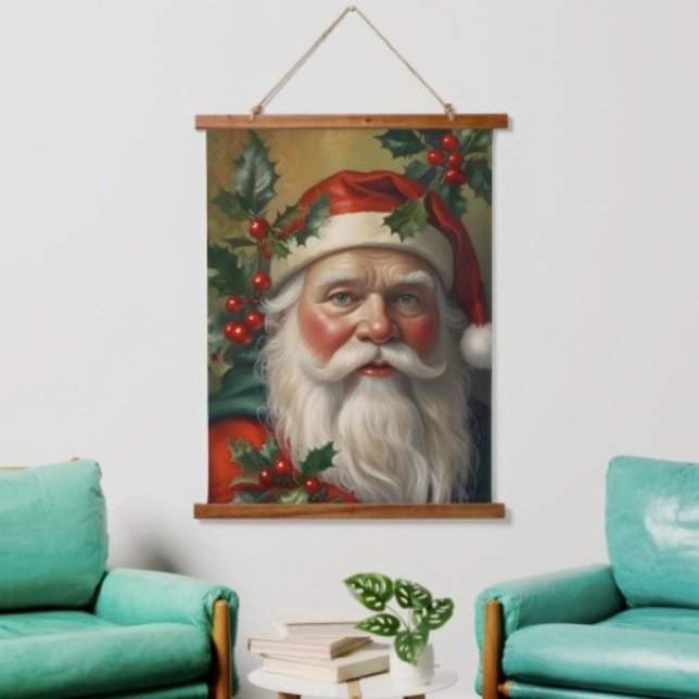 Santa With Mistletoe Hanging Tapestry (Wood topped 100% polyester hemmed edges twine for hanging. 
)