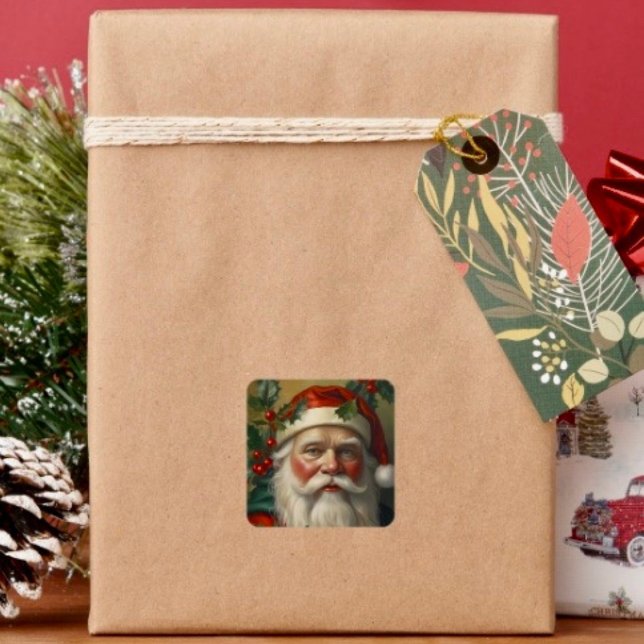 Santa With Mistletoe Square Sticker (Sticker sheet, 6 different sizes. Matte, glossy or glossy transparent finish. 
)