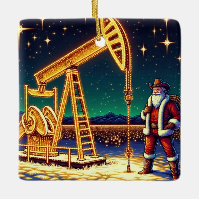 Santa With Oil Pump Jack With Christmas Lights Ceramic Ornament (Front)