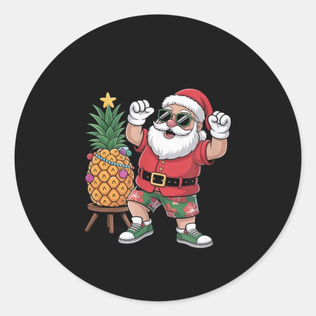 Santa With Pineapple Christmas Tree In Summer Time Classic Round Sticker (Front)
