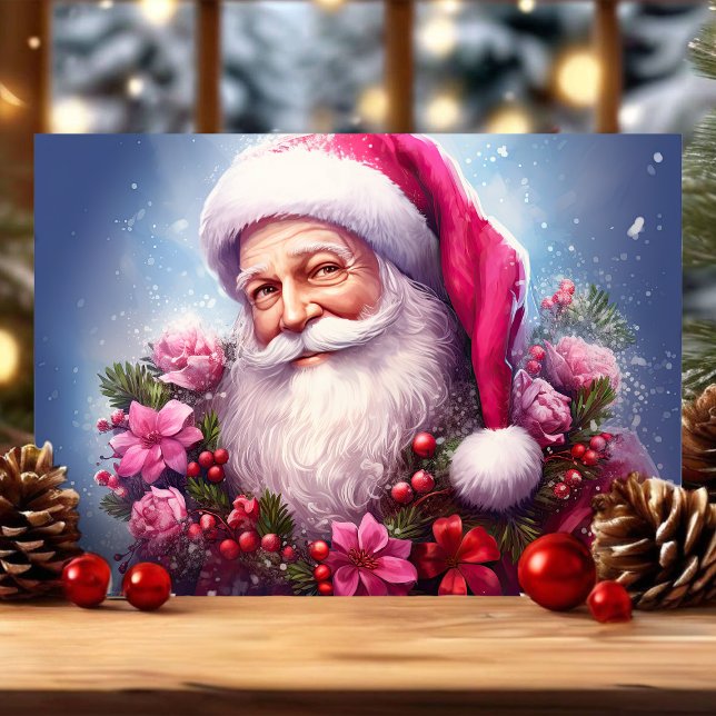 Santa with Pink Flowers Christmas Holiday Card (Creator Uploaded)