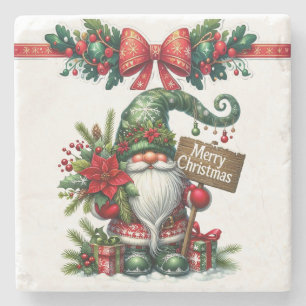 Santa with Poinsettia Christmas Stone Coaster
