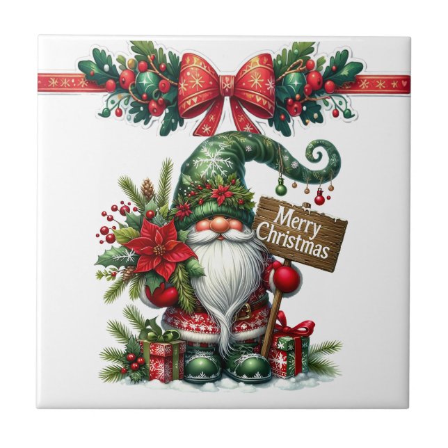 Santa with Poinsettia Christmas Tile (Front)