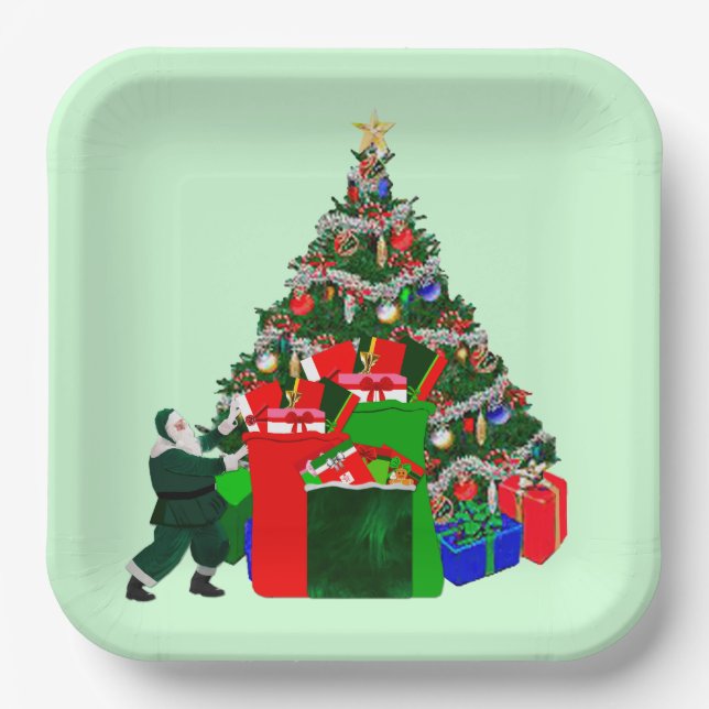 Santa With Presents at Tree Paper Plates (Front)