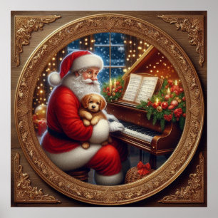 Santa With Puppie At The Piano Poster