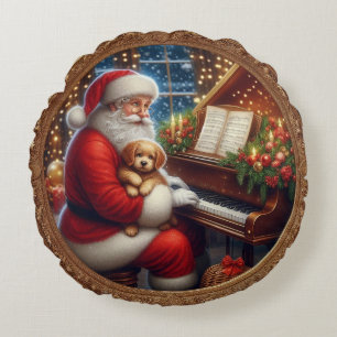 Santa With Puppy At Piano Round Cushion