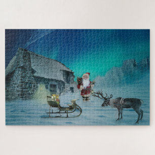 Santa with Reindeer Aurora Borealis Holiday Puzzle