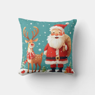 Santa with Reindeer Celebrating Christmas Cushion