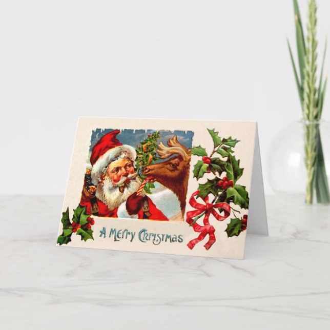 Santa with Reindeer Holiday Card (Front)