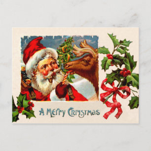 Santa with Reindeer Holiday Postcard
