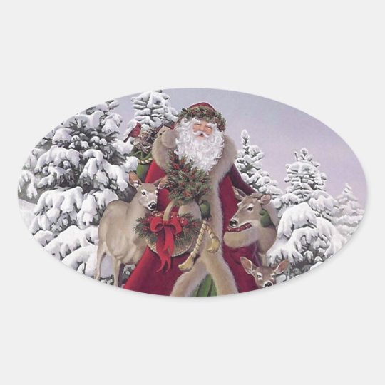 Santa with Reindeer Oval Sticker