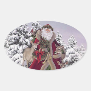 Santa with Reindeer Oval Sticker