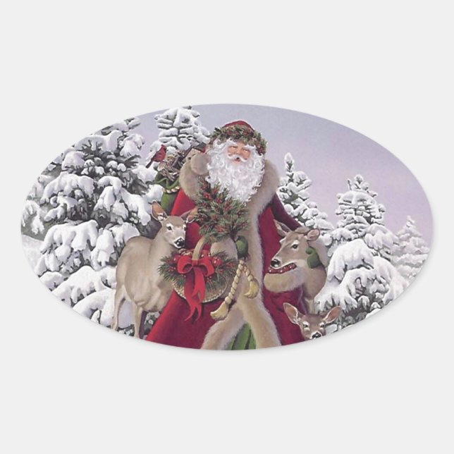 Santa with Reindeer Oval Sticker (Front)