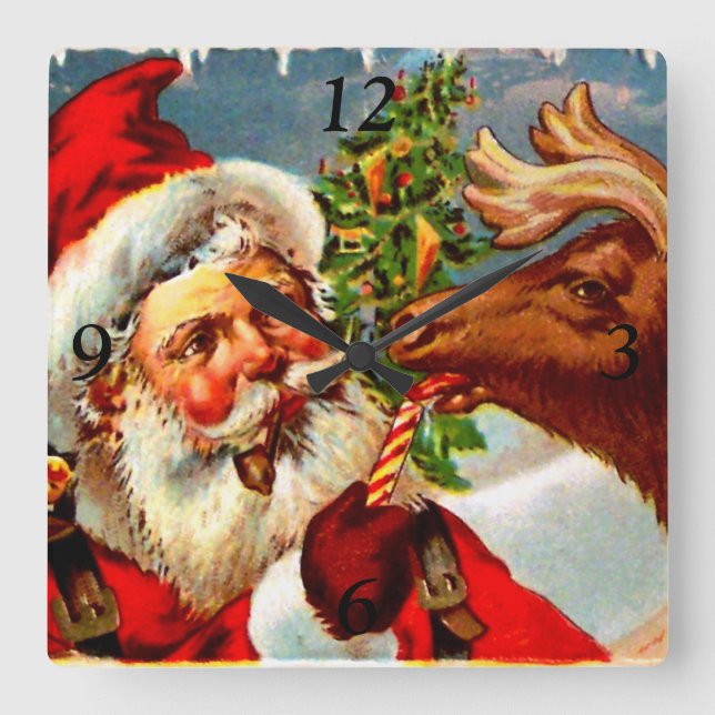 Santa with Reindeer Square Wall Clock (Front)