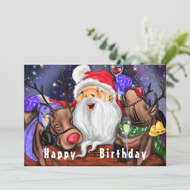 Santa with Reindeers Funny Birthday Card (Standing Front)