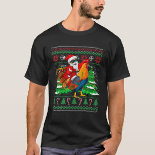 Santa With Rooster Christmas Tree Farmer Ugly Xmas T-Shirt