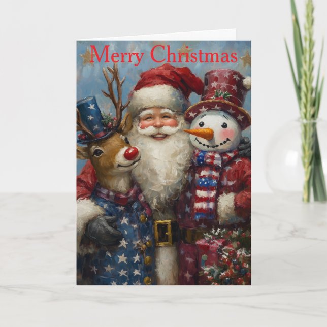 Santa With Rudolph And Snowman at Christmas Holiday Card (Front)