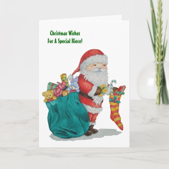 santa with sack and toys and gifts for christmas holiday card (Front)