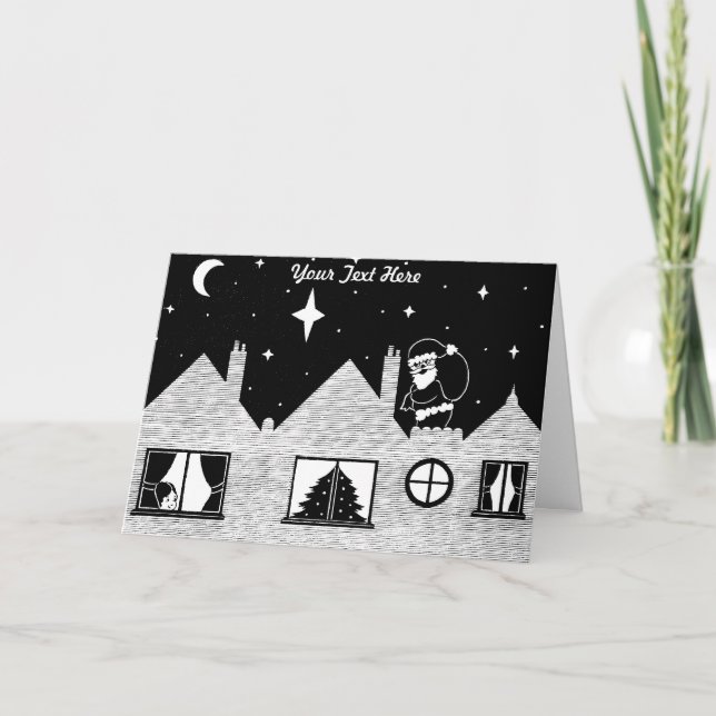 santa with sack on roof black and white christmas holiday card (Front)