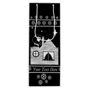 santa with sack on roof black and white contempory wine gift bag