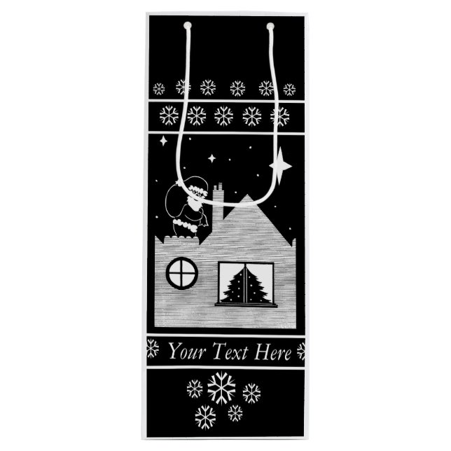 santa with sack on roof black and white contempory wine gift bag (Front)