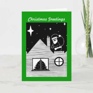 santa with sack on roof black and white holiday card