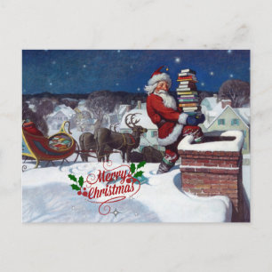 Santa with sleigh full of books, Merry Christmas! Postcard