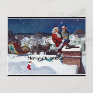 Santa with sleigh full of books, Merry Christmas Postcard