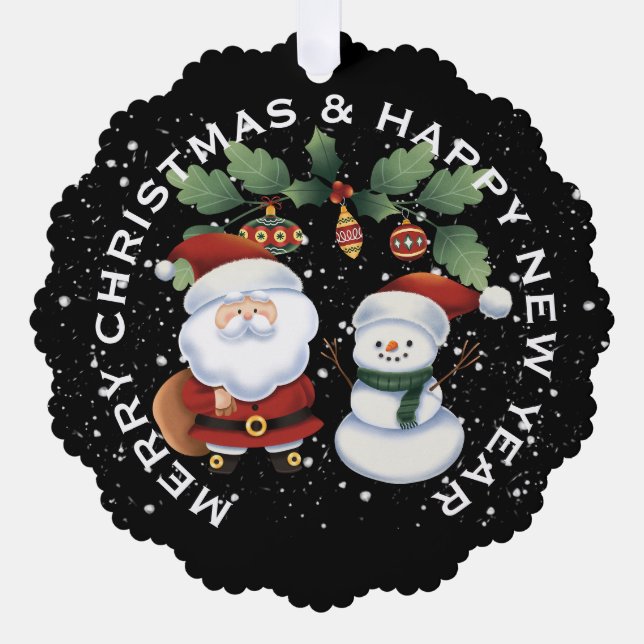 SANTA with SNOWMAN , PERSONALIZED CHRISTMAS Tree Decoration Card (Front)