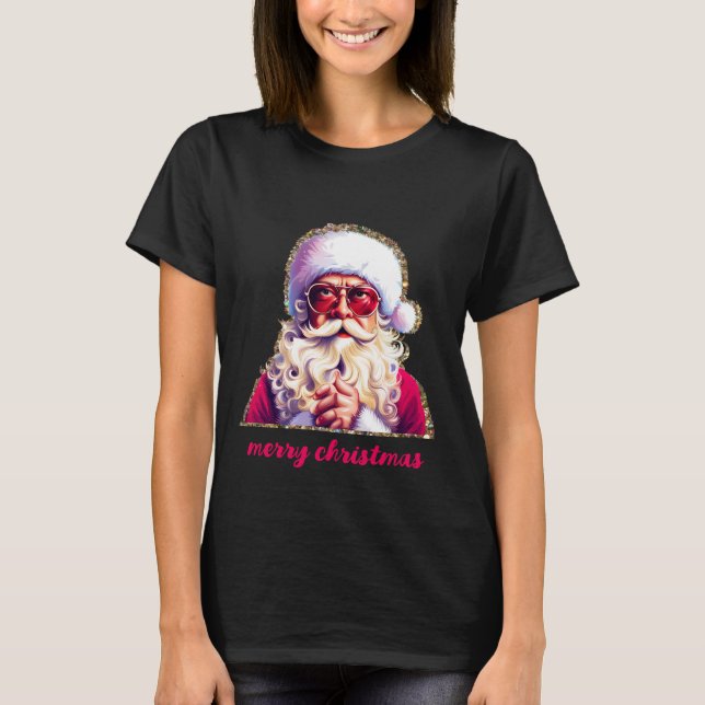 Santa with Sunglasses Shirt Glitter Christmas Tee (Front)