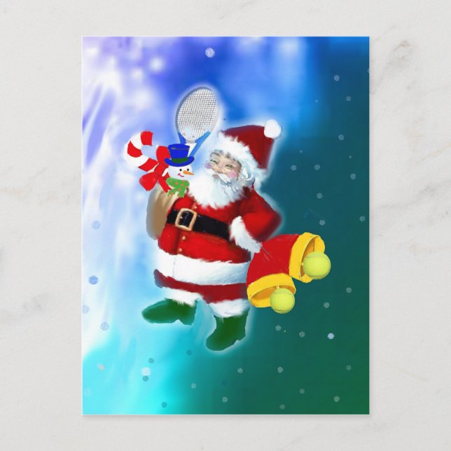 Santa with tennis racquet and bells holiday postcard (Front)